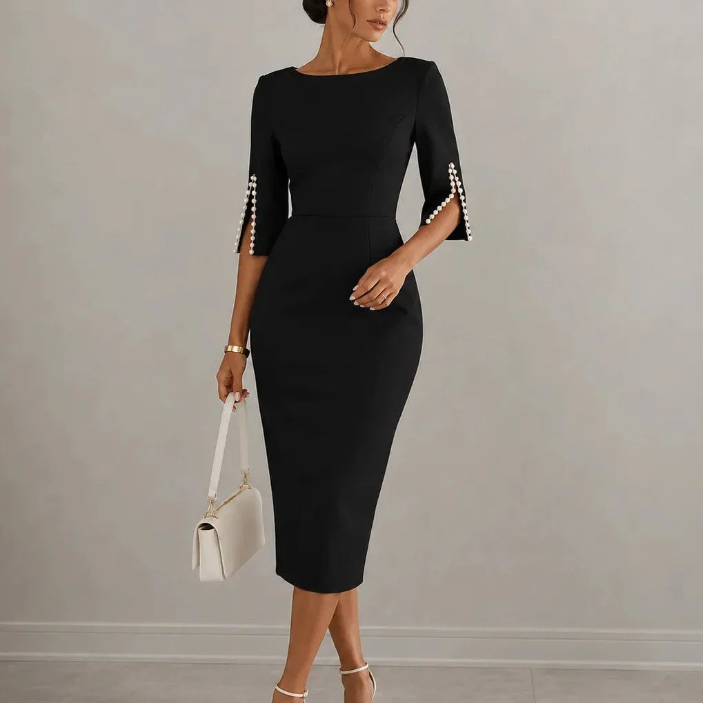 Women's Pencil Midi Dress with Pearl-Trimmed Sleeves 9