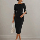 Women's Pencil Midi Dress with Pearl-Trimmed Sleeves 9