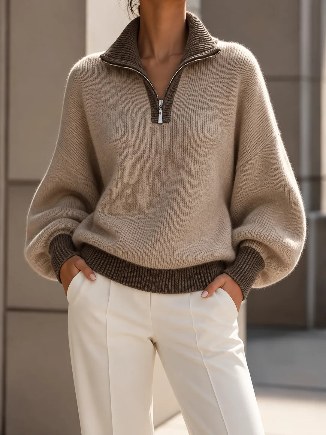 Women's Quarter-Zip Pullover with Balloon Sleeves and Contrast Rib Hem 0