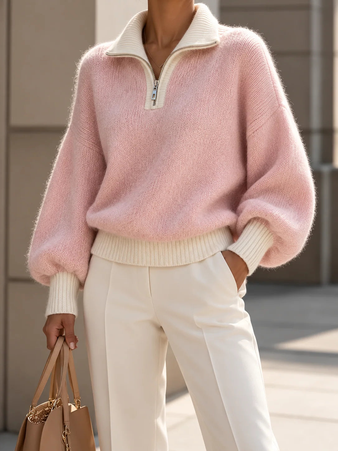 Women's Quarter-Zip Pullover with Balloon Sleeves and Contrast Rib Hem 11