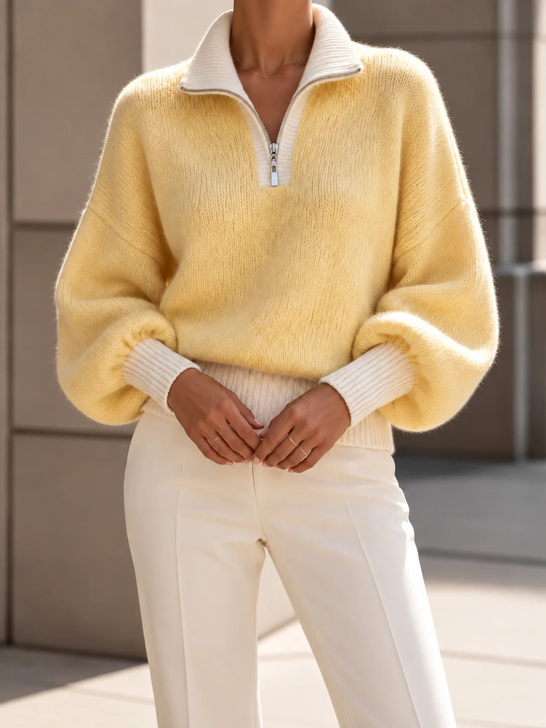 Women's Quarter-Zip Pullover with Balloon Sleeves and Contrast Rib Hem 12