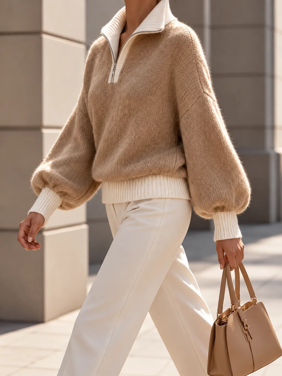 Women's Quarter-Zip Pullover with Balloon Sleeves and Contrast Rib Hem 5