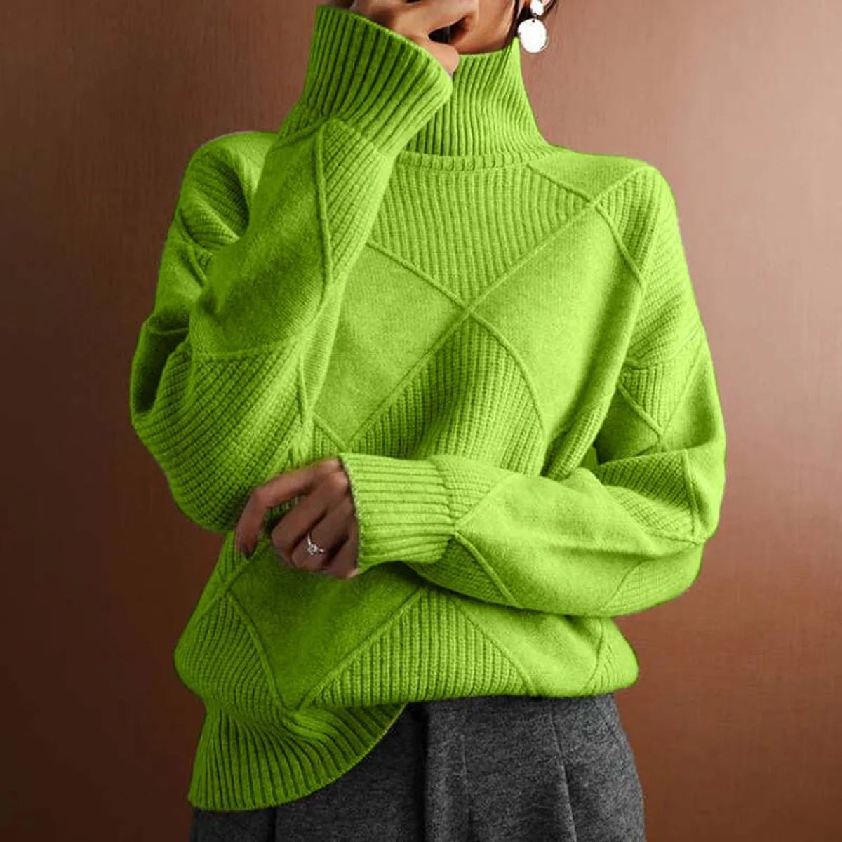 Women's Relaxed Fit Argyle Knit Turtleneck Sweater 0