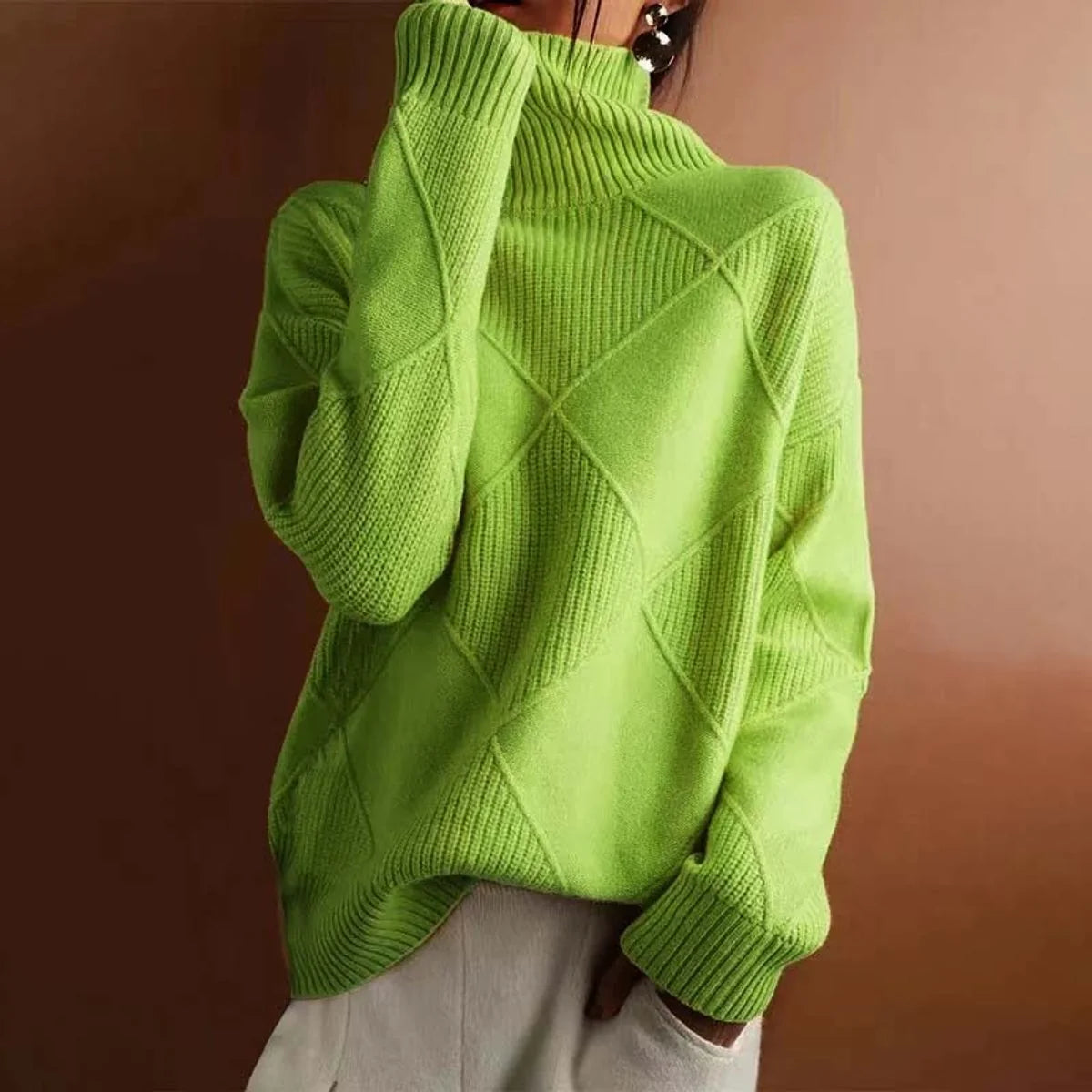 Women's Relaxed Fit Argyle Knit Turtleneck Sweater 1