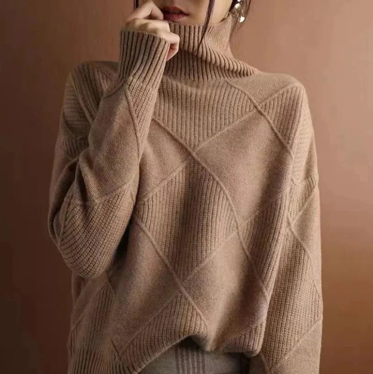 Women's Relaxed Fit Argyle Knit Turtleneck Sweater 11