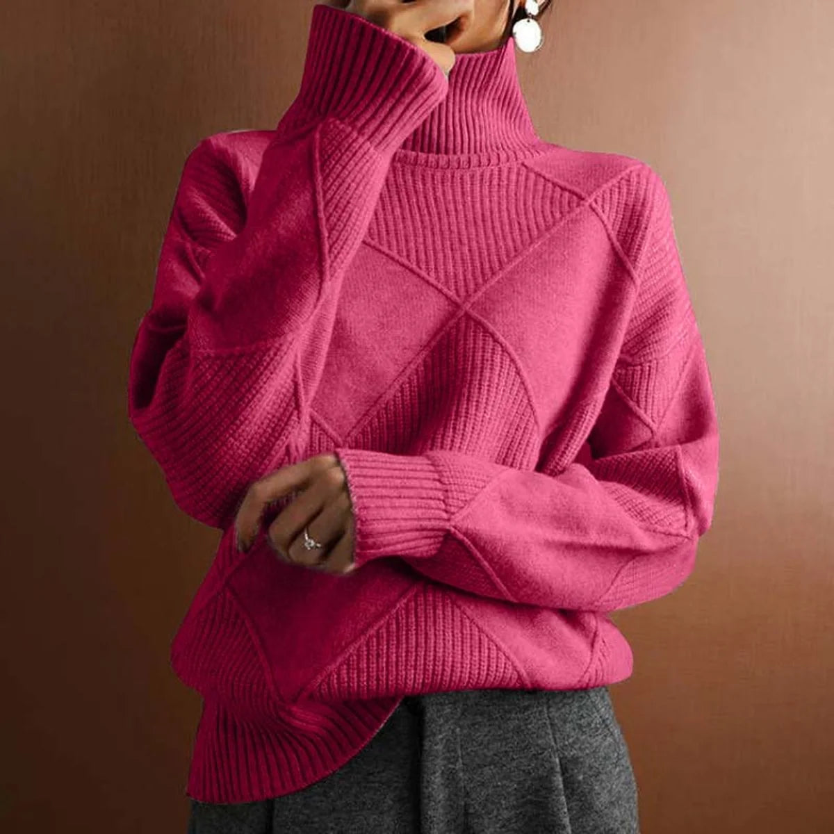 Women's Relaxed Fit Argyle Knit Turtleneck Sweater 12