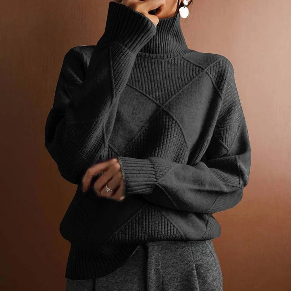 Women's Relaxed Fit Argyle Knit Turtleneck Sweater 6