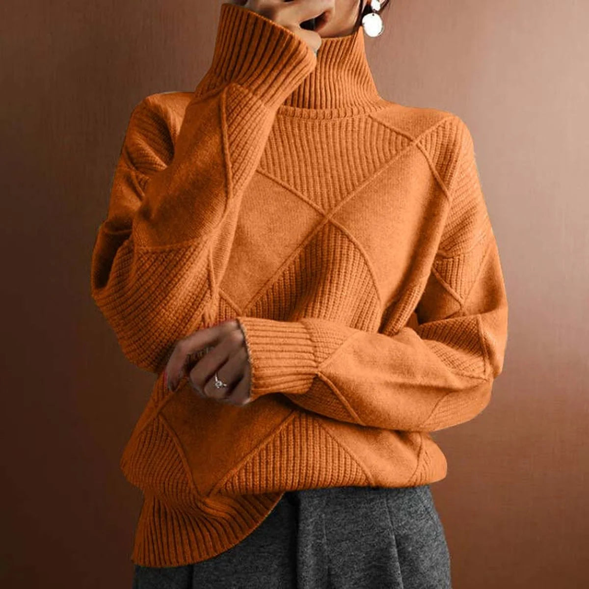 Women's Relaxed Fit Argyle Knit Turtleneck Sweater 8