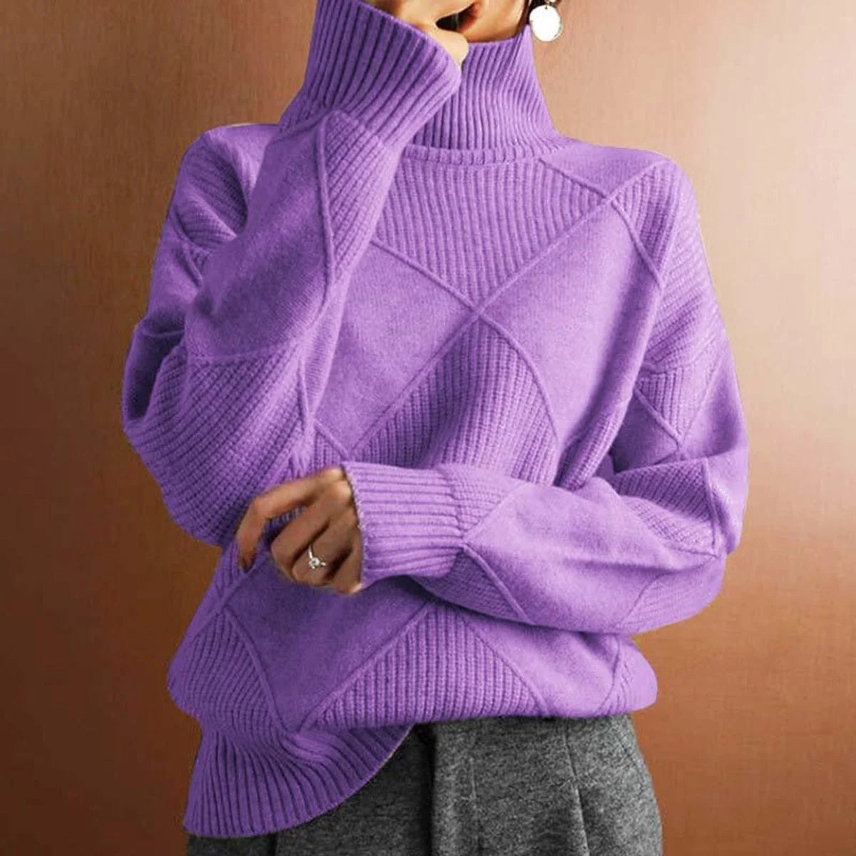 Women's Relaxed Fit Argyle Knit Turtleneck Sweater 9