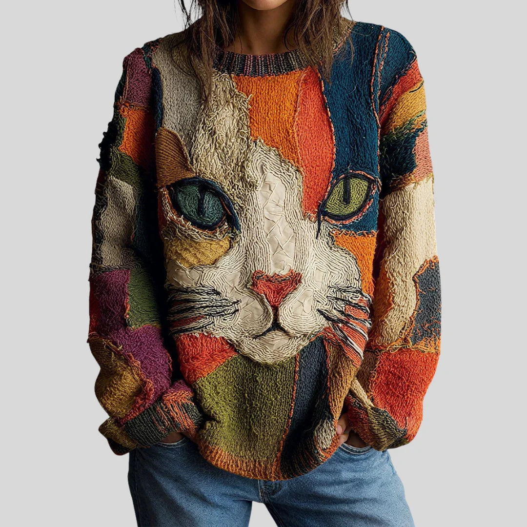 Women's Relaxed Fit Artistic Cat Print Casual Top 1
