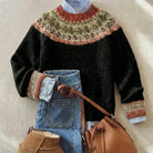 Women's Relaxed Fit Vintage Patterned Knit Sweater with Nordic Geometric Motifs 0