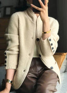 Women's Ribbed Button-Down Cardigan with Stand Collar 2