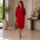 Women's Ribbed Knit Button Collar Midi Sweater Dress with Side Pockets 3
