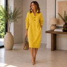 Women's Ribbed Knit Button Collar Midi Sweater Dress with Side Pockets 4