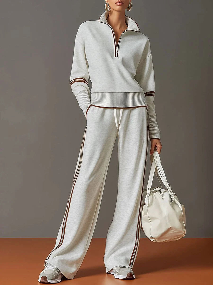Women's Ribbed Knit Half-Zip Pullover and Wide-Leg Pant Loungewear Set 0