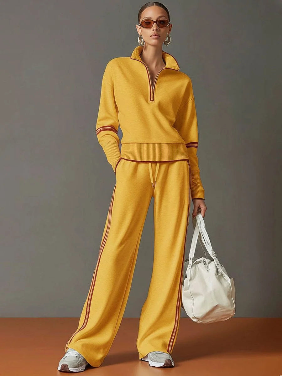 Women's Ribbed Knit Half-Zip Pullover and Wide-Leg Pant Loungewear Set 10