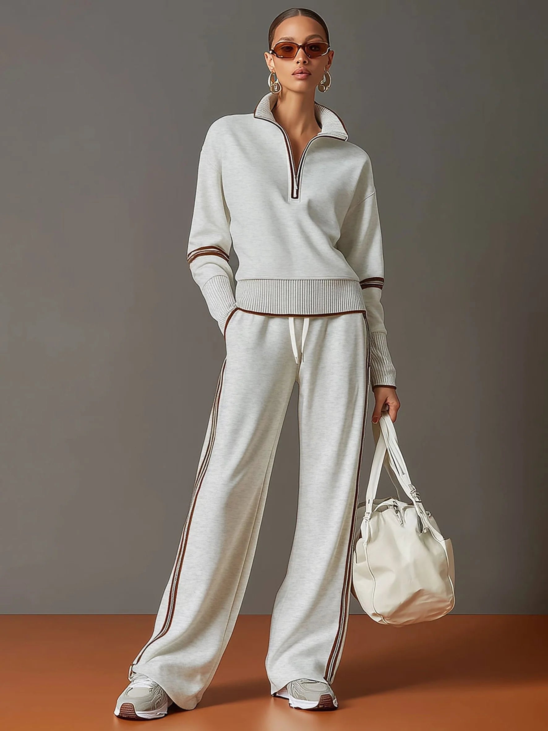 Women's Ribbed Knit Half-Zip Pullover and Wide-Leg Pant Loungewear Set 3
