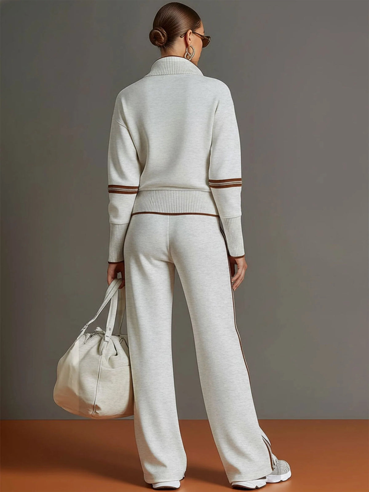 Women's Ribbed Knit Half-Zip Pullover and Wide-Leg Pant Loungewear Set 4