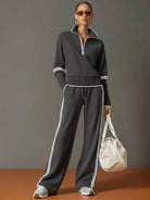Women's Ribbed Knit Half-Zip Pullover and Wide-Leg Pant Loungewear Set 5