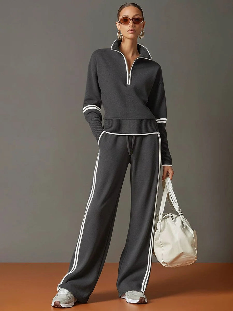 Women's Ribbed Knit Half-Zip Pullover and Wide-Leg Pant Loungewear Set 5