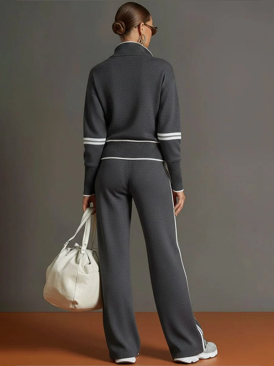 Women's Ribbed Knit Half-Zip Pullover and Wide-Leg Pant Loungewear Set 6