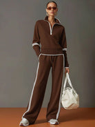 Women's Ribbed Knit Half-Zip Pullover and Wide-Leg Pant Loungewear Set 7
