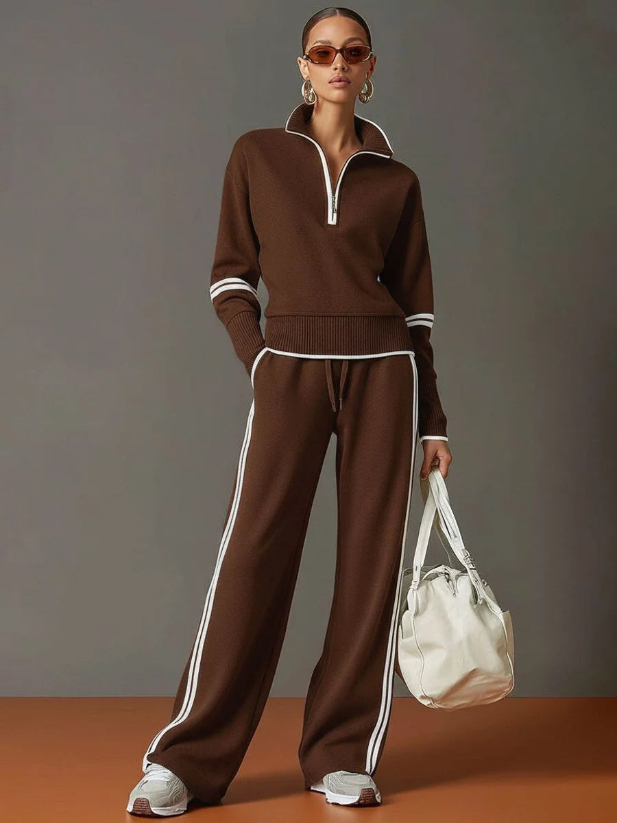 Women's Ribbed Knit Half-Zip Pullover and Wide-Leg Pant Loungewear Set 7