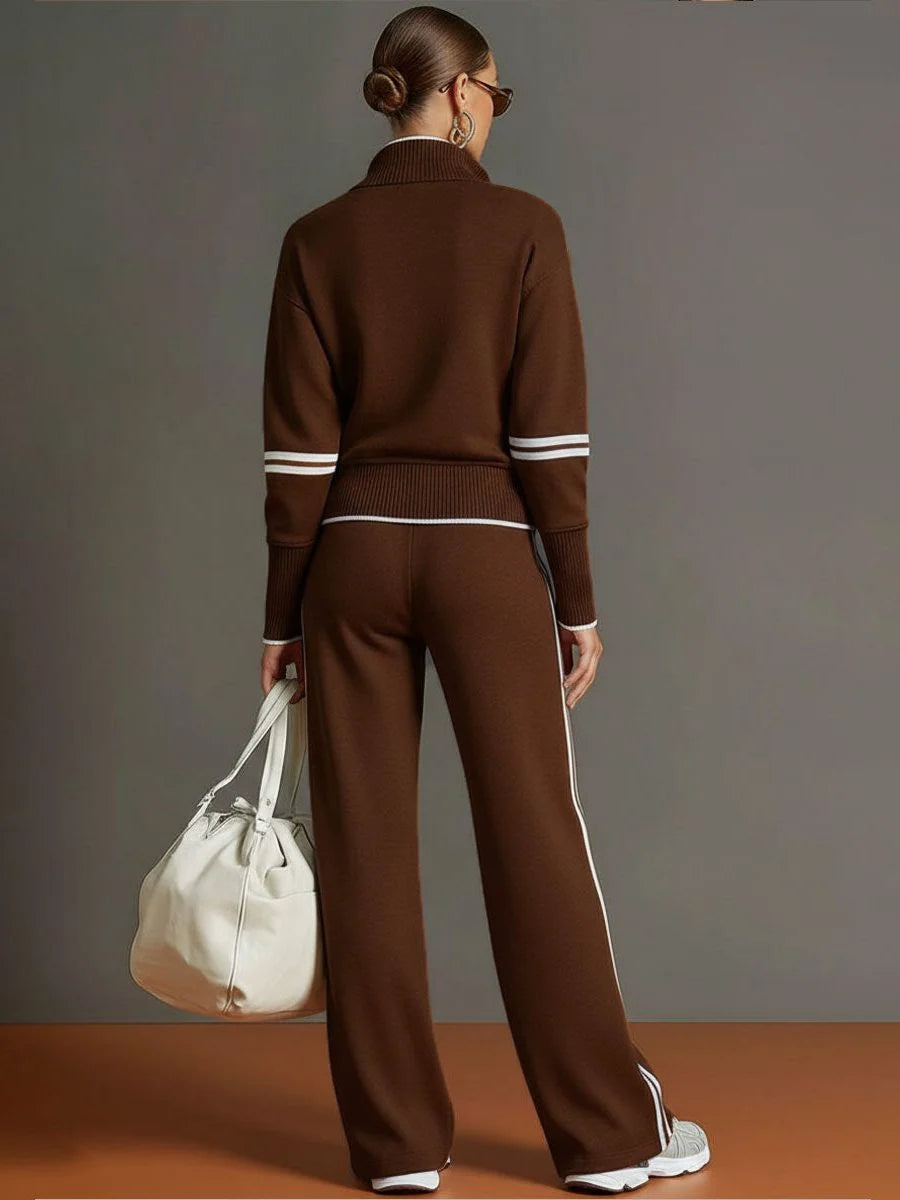 Women's Ribbed Knit Half-Zip Pullover and Wide-Leg Pant Loungewear Set 8