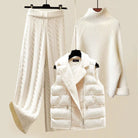 Women's Ribbed Knit High-Neck Sweater and Cable Knit Wide-Leg Pants Set 0
