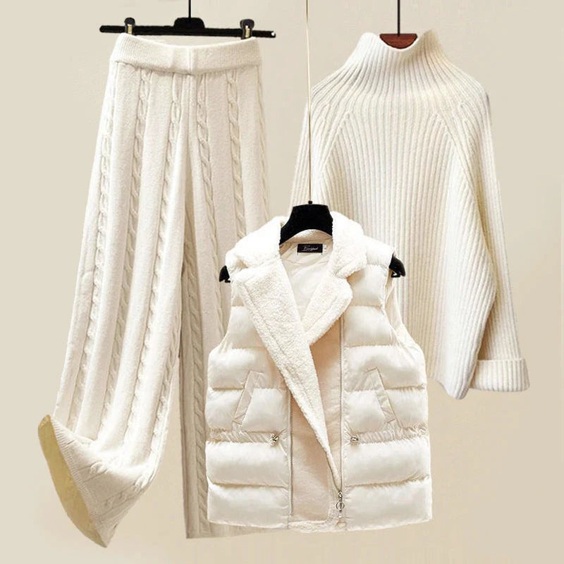 Women's Ribbed Knit High-Neck Sweater and Cable Knit Wide-Leg Pants Set 0
