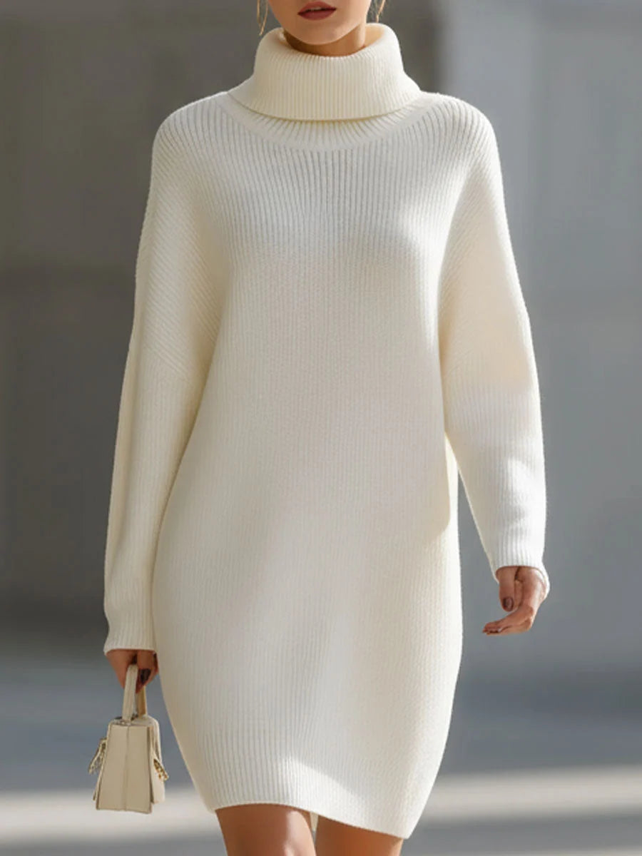 Women's Ribbed Knit Turtleneck Sweater Dress with Relaxed Fit 0