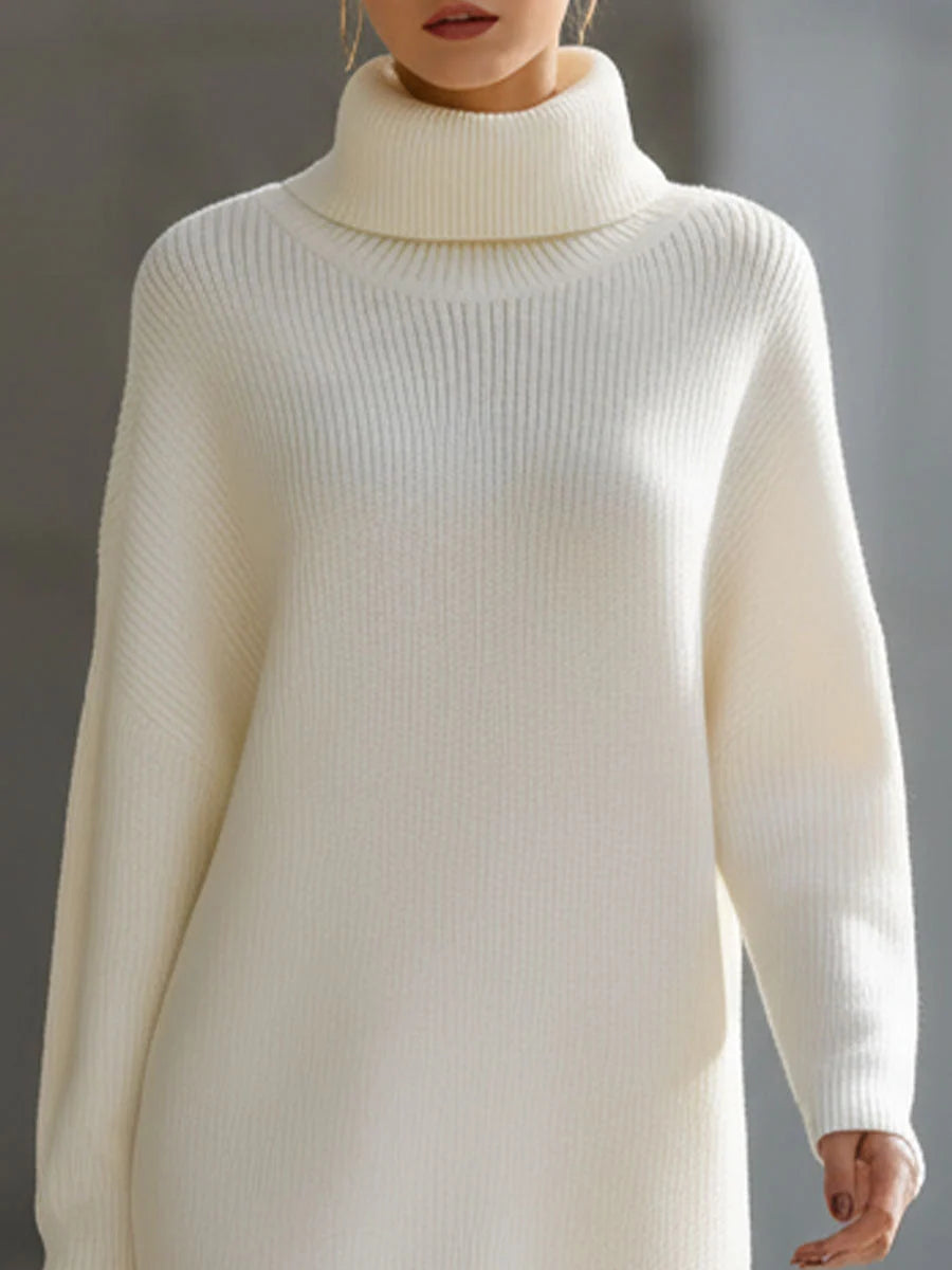 Women's Ribbed Knit Turtleneck Sweater Dress with Relaxed Fit 1