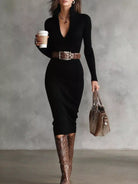 Women's Ribbed Knit V-Neck Sweater Dress with Stretch Fabric 1
