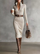 Women's Ribbed Knit V-Neck Sweater Dress with Stretch Fabric 8