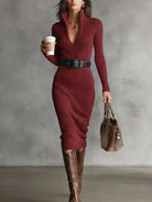 Women's Ribbed Knit V-Neck Sweater Dress with Stretch Fabric 9