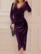 Women's Ruched Velvet Wrap Midi Dress with Long Sleeves 2