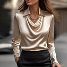 Women's Satin Blouse with Draped Neckline and Long Sleeves 0