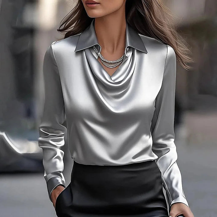 Women's Satin Blouse with Draped Neckline and Long Sleeves 2