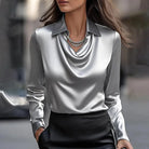 Women's Satin Blouse with Draped Neckline and Long Sleeves 2