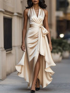 Women's Satin Halter Cocktail Dress with High-Low Ruffle Hem 1