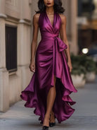 Women's Satin Halter Cocktail Dress with High-Low Ruffle Hem 10