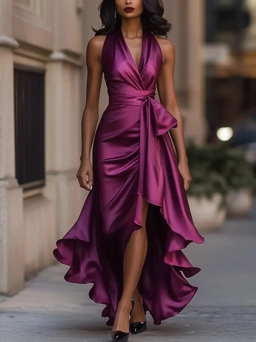Women's Satin Halter Cocktail Dress with High-Low Ruffle Hem 10