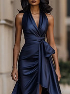 Women's Satin Halter Cocktail Dress with High-Low Ruffle Hem 2