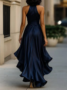 Women's Satin Halter Cocktail Dress with High-Low Ruffle Hem 4