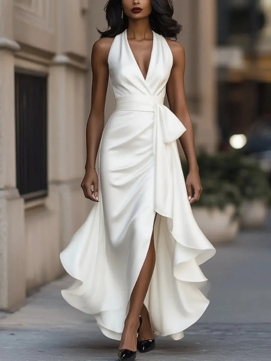 Women's Satin Halter Cocktail Dress with High-Low Ruffle Hem 6