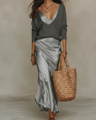 Women's Satin Midi Skirt and Knit Jumper Set - Plus Size Available 3