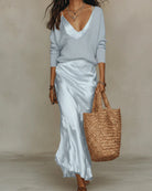 Women's Satin Midi Skirt and Knit Jumper Set - Plus Size Available 4