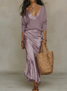 Women's Satin Midi Skirt and Knit Jumper Set - Plus Size Available 5
