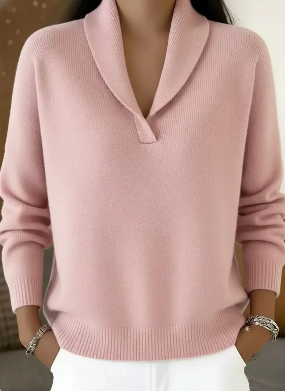 Women's Shawl Collar V-Neck Relaxed Fit Sweater 2