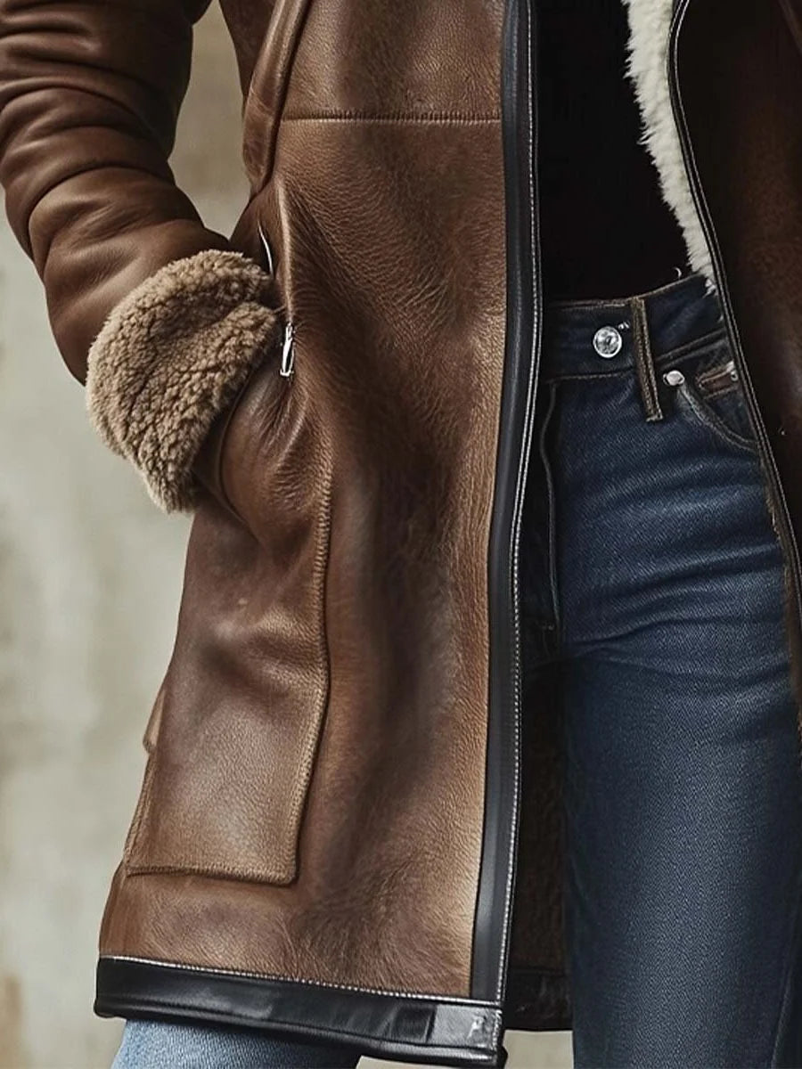 Women's Sherpa-Lined Leather Jacket with Faux Fur Collar 1